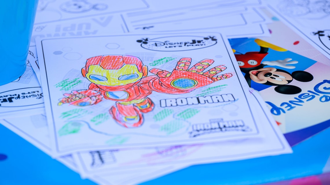 A completed Iron Man colouring page from Disney Junior Let's Play