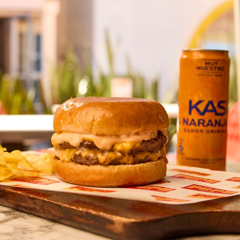 The Pepe Burger, José's Chips and a Kas Orange Soda from Pepe by José Andrés	