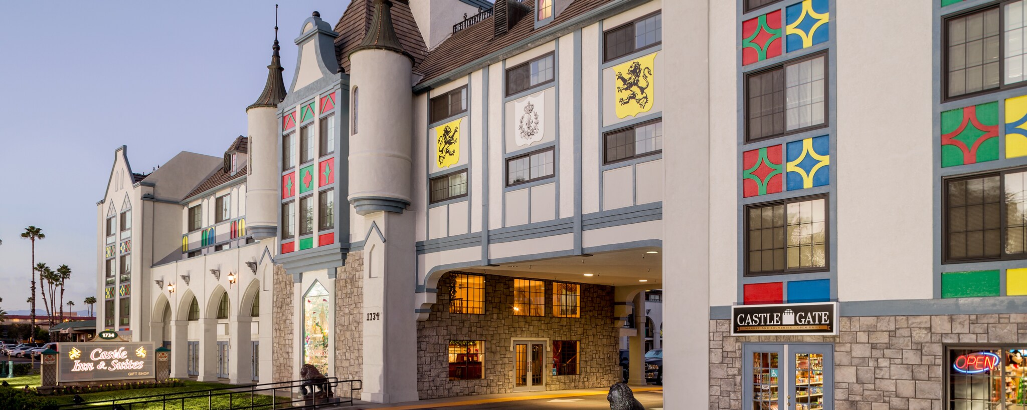 The exterior of Castle Inn & Suites featuring a castle themed façade