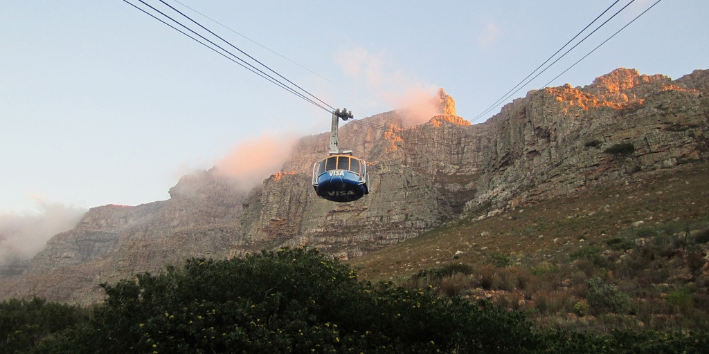 An aerial cable car ascends, heading for the summit of the iconic Table Mountain in South Africa
An aerial cable car ascends, heading for the summit of the iconic Table Mountain in South Africa