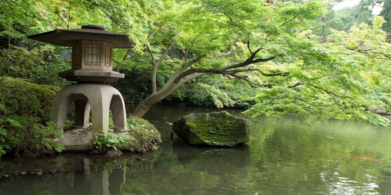 A Japanese pagoda sculpture stands beside a tree and rock near a river filled with koi fish in a garden