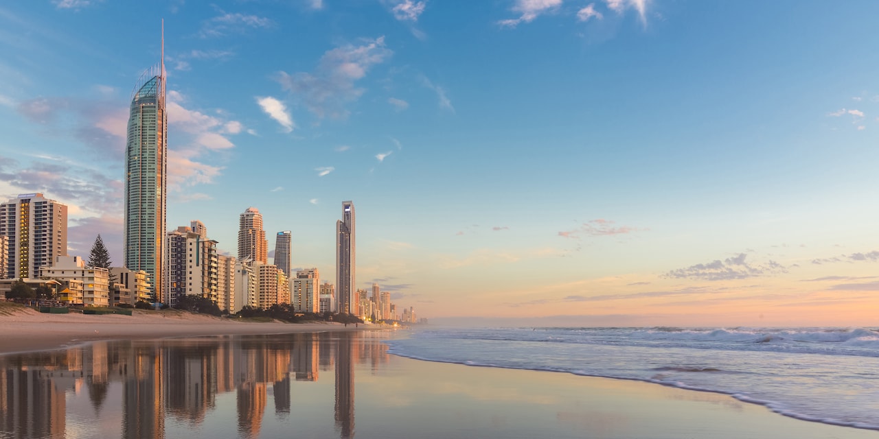 Skyscrapers line Australia's Gold Coast and the beach at high tide Skyscrapers line Australia's Gold Coast and the beach at high tide