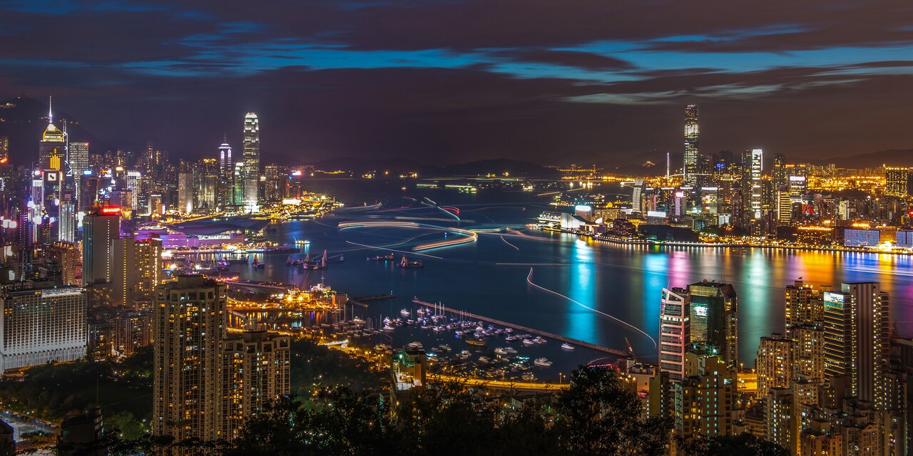 The skyline of Hong Kong and its spectacular harbour at night