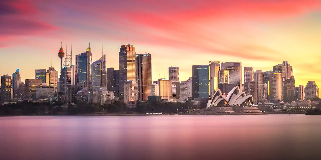 The Sydney, Australia skyline and Sydney Harbour at sunset