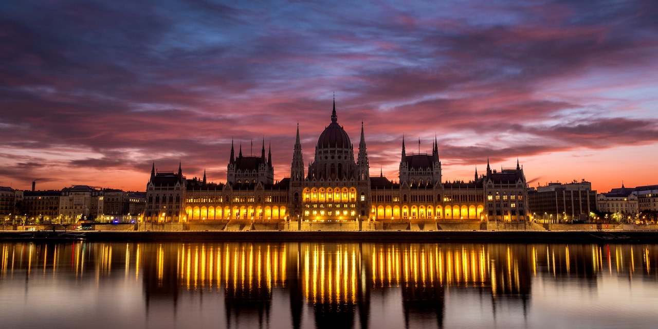 The Hungarian Parliament Building in Budapest, Hungary lit up at night The Hungarian Parliament Building in Budapest, Hungary lit up at night