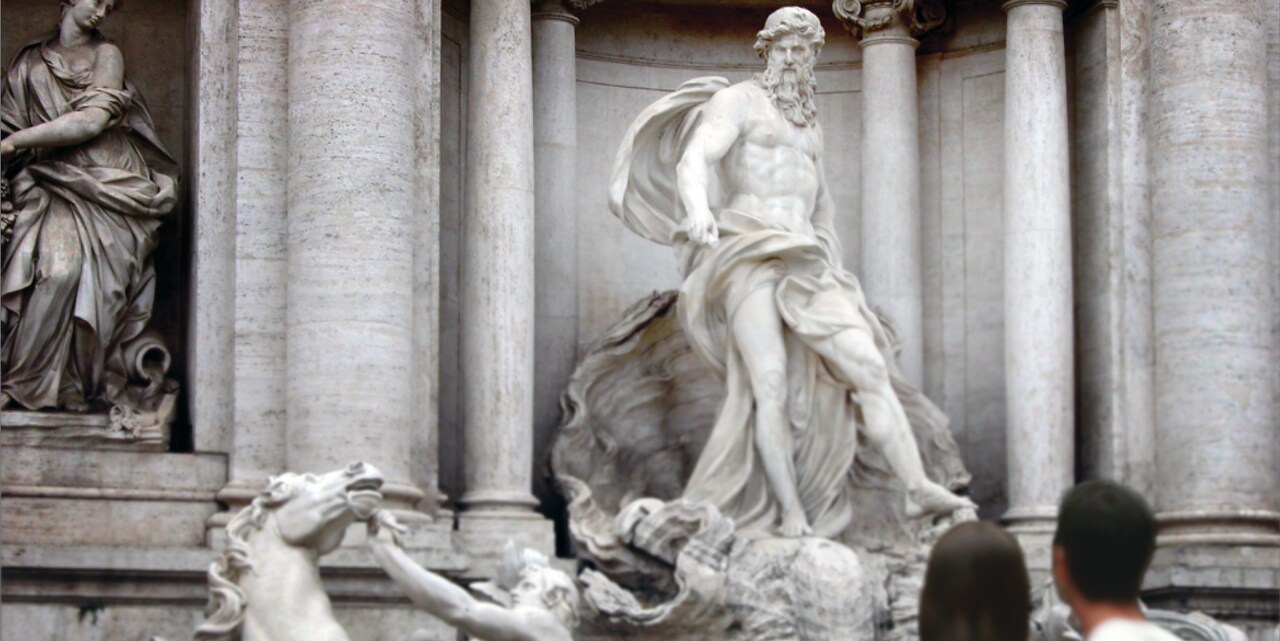 A couple stand in front of the statue of Oceanus in Rome’s famed Trevi Fountain A couple stand in front of the statue of Oceanus in Rome’s famed Trevi Fountain