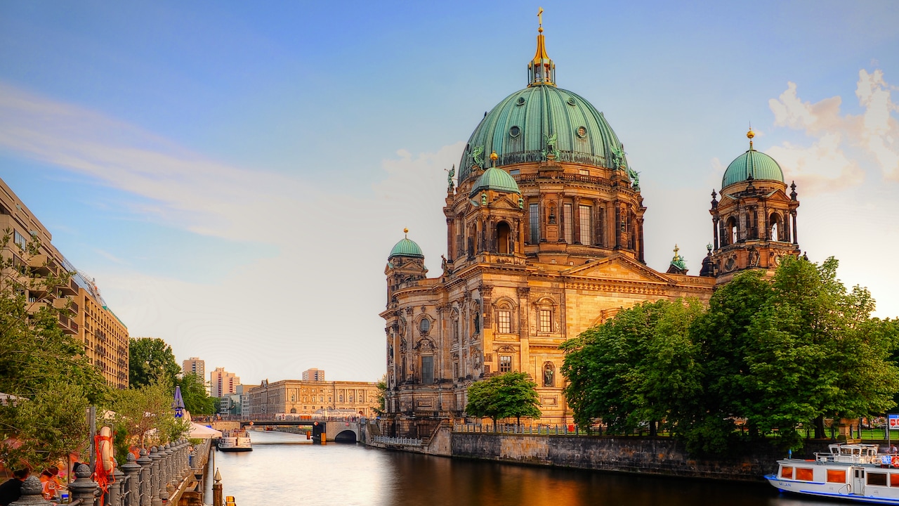 The domed Berlin Cathedral in the Mitte borough, bordered on one side by the Spree River