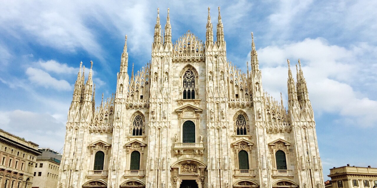 The front of Milan Cathedral in Milan, Italy The front of Milan Cathedral in Milan, Italy