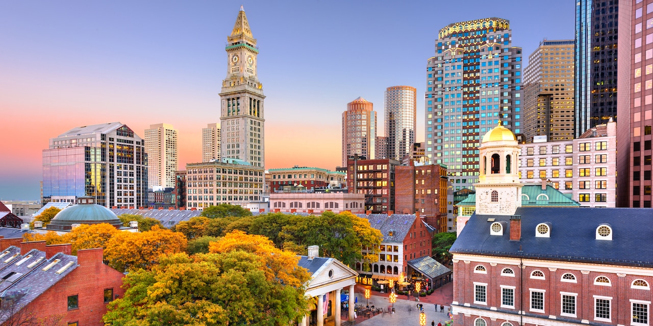 Aerial view of Faneuil Hall with the Boston skyline Aerial view of Faneuil Hall with the Boston skyline