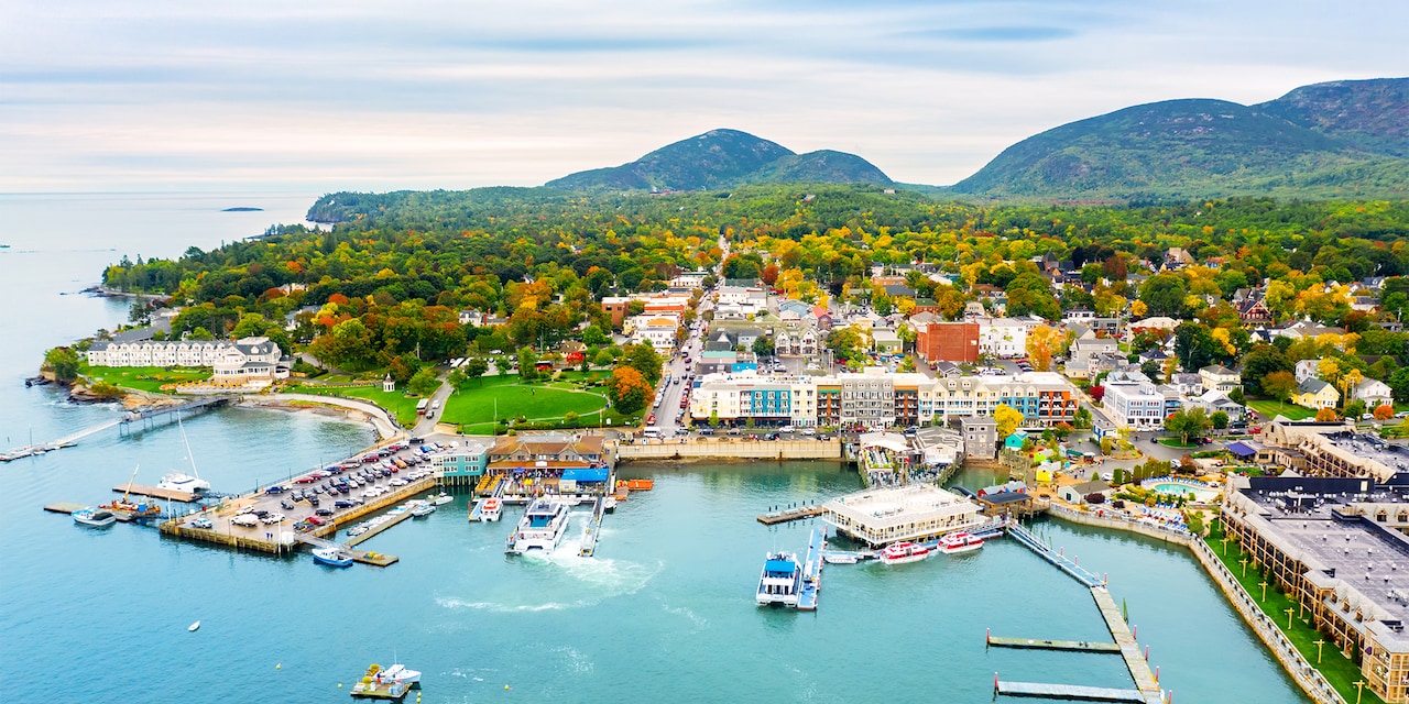 An aerial view of the town and waterfront area of Bar Harbor, Maine