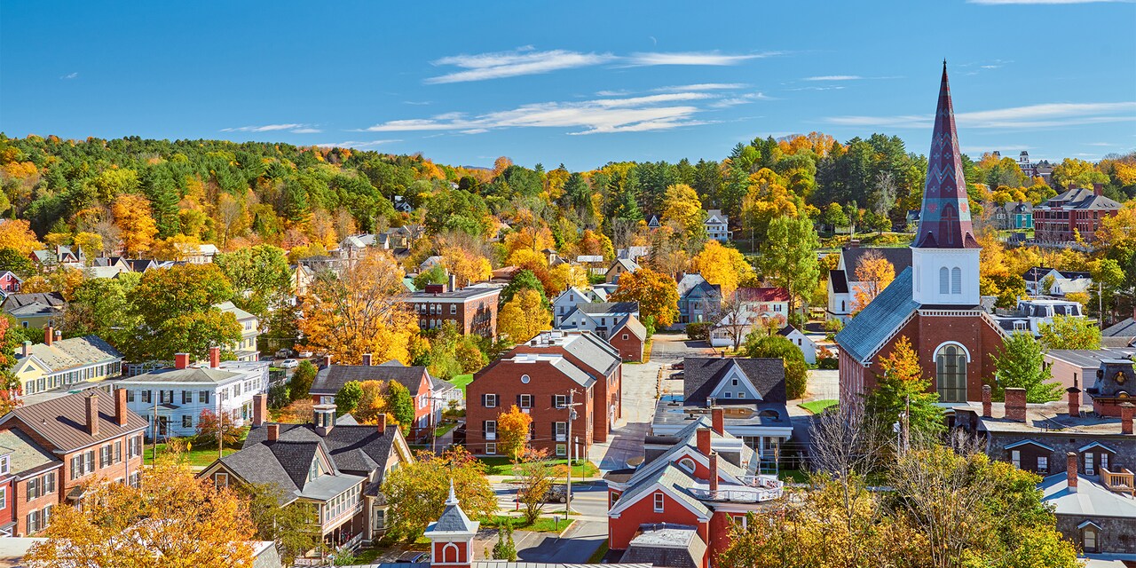 The town of Montpelier, Vermont featuring a church with a large steeple and a large grove of trees