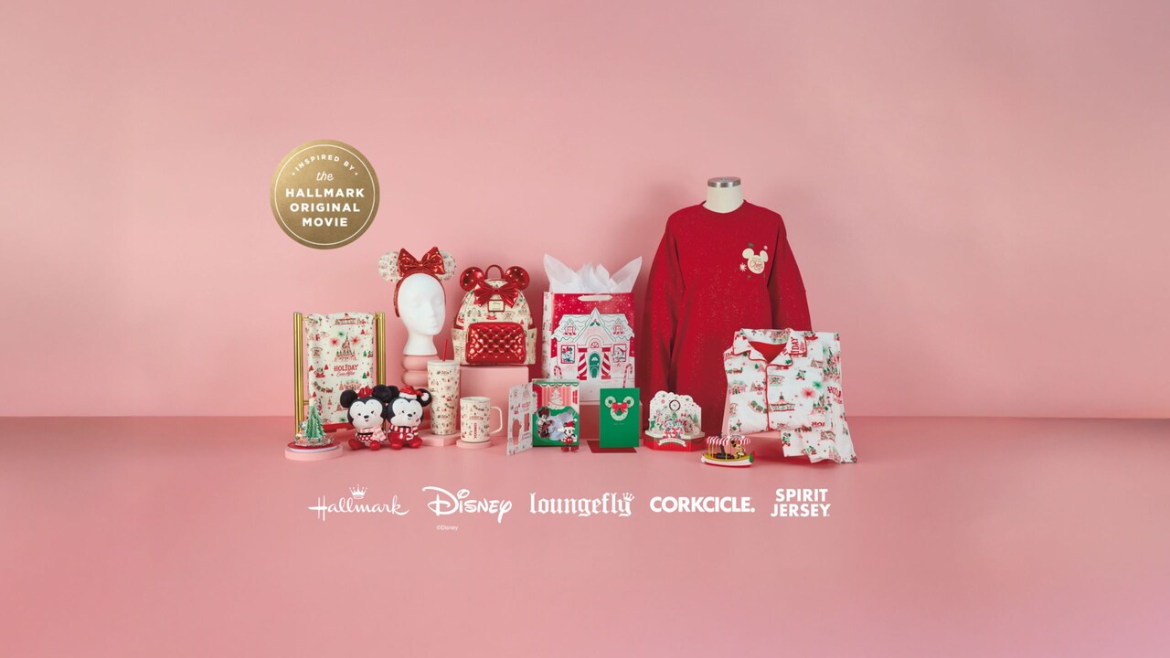 An assortment of merchandise inspired by the Hallmark Original Movie, including mugs, clothing, Minnie Mouse Ears, a Loungefly backpack, holiday cards and giftbags