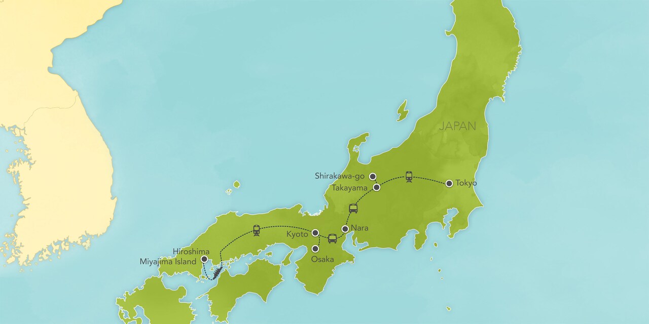 Interactive map of Japan, showing a summary of each day's activities.