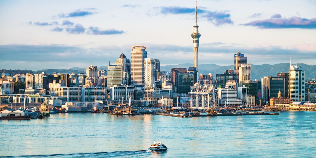 The skyline of Auckland, New Zealand as seen from the harbor