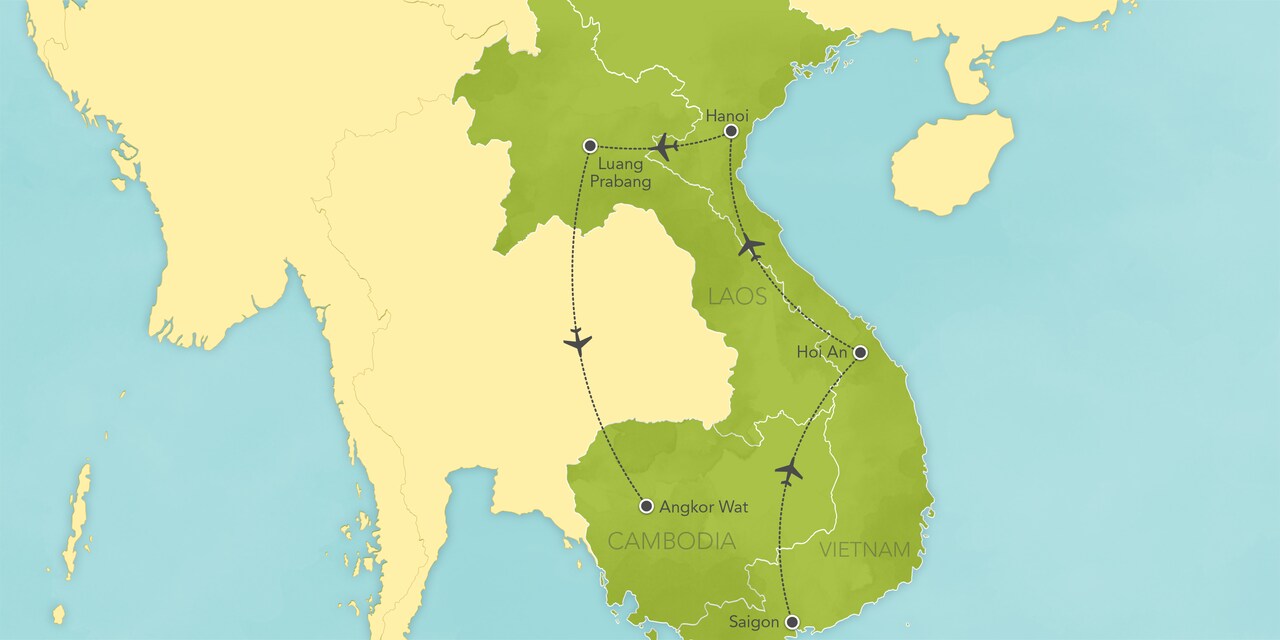 Interactive map of Vietnam, Laos and Cambodia, showing a summary of each day's activities.