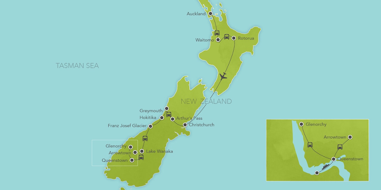 Interactive map of New Zealand, showing a summary of each day's activities.