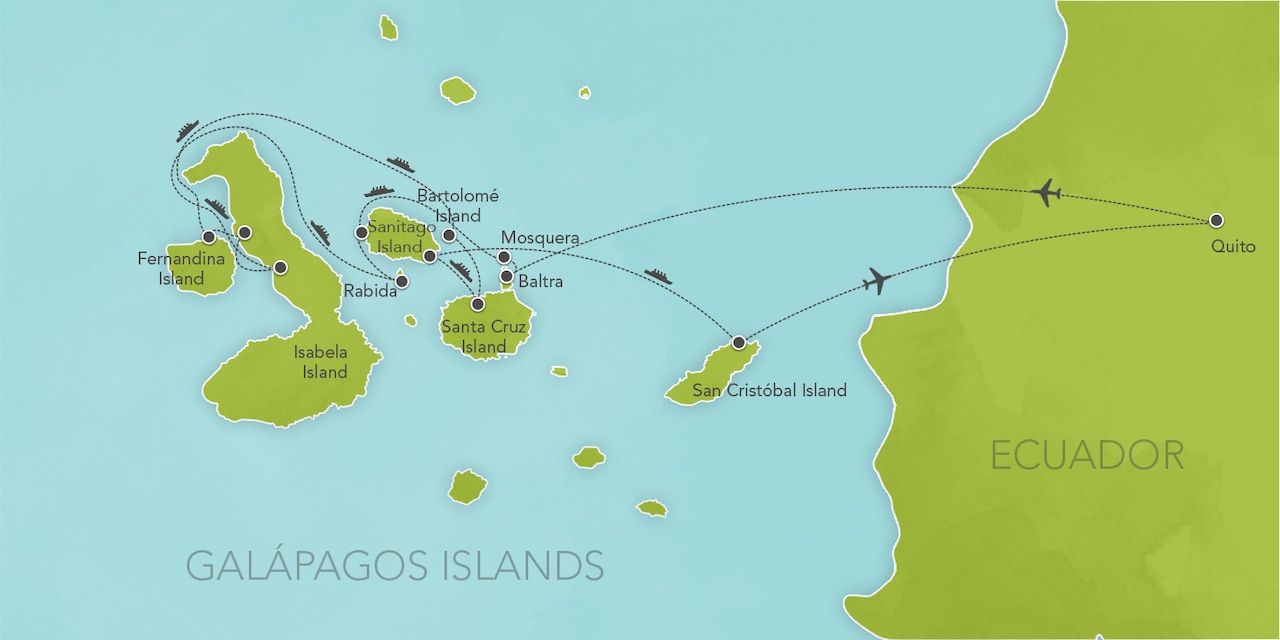 Interactive map of Ecuador and the Galápagos Islands, showing a summary of each day's activities.