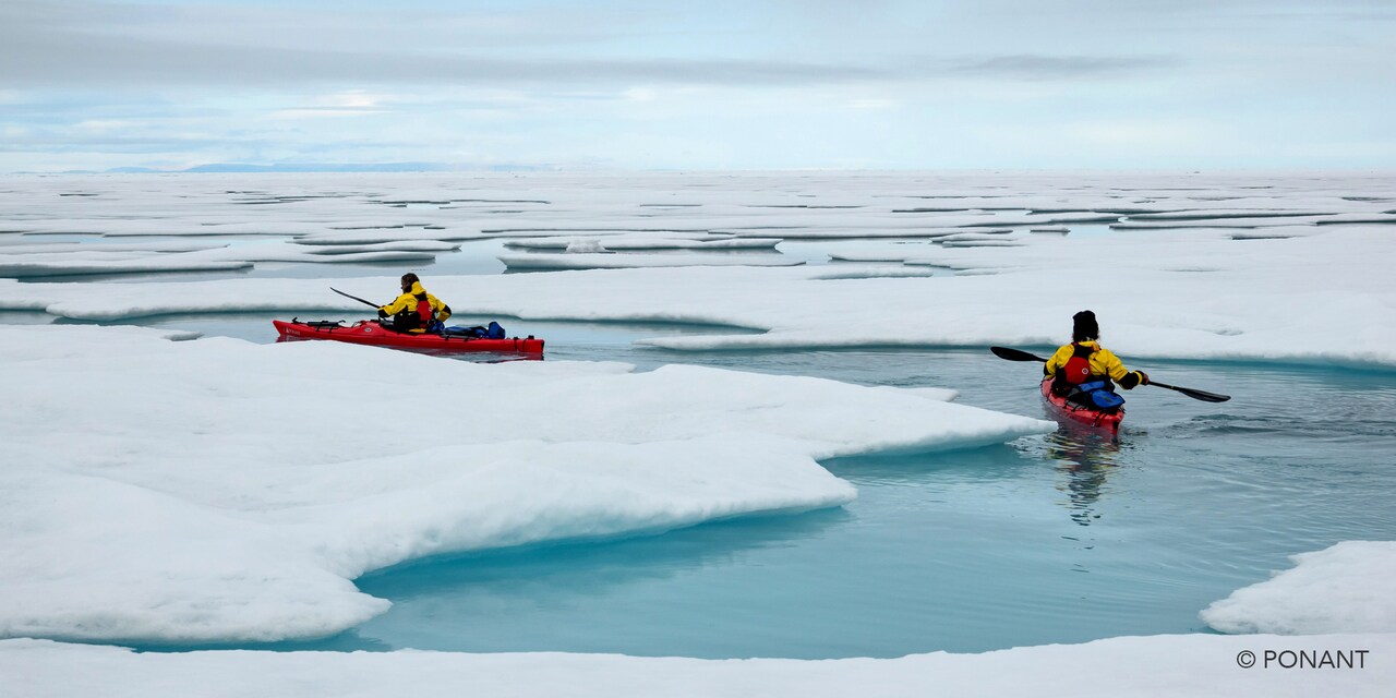 Two kayakers navigate ice floes in the Southern ocean