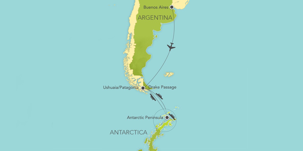 Interactive map of Buenos Aires and Antarctica, showing a summary of each day's activities.