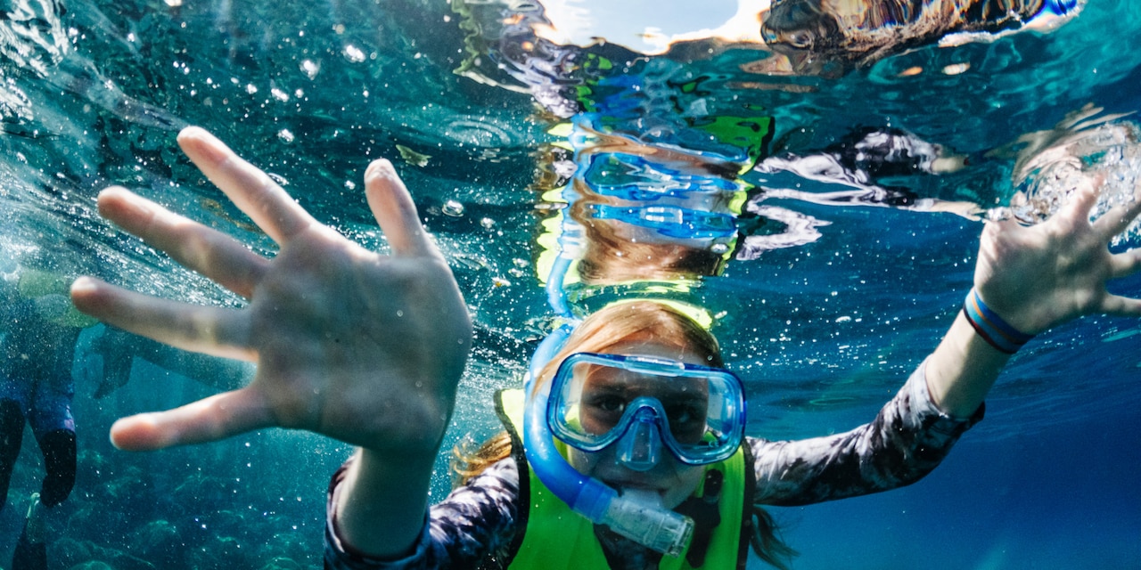 A woman in a snorkel, mask and life vest snorkels below the water’s surface