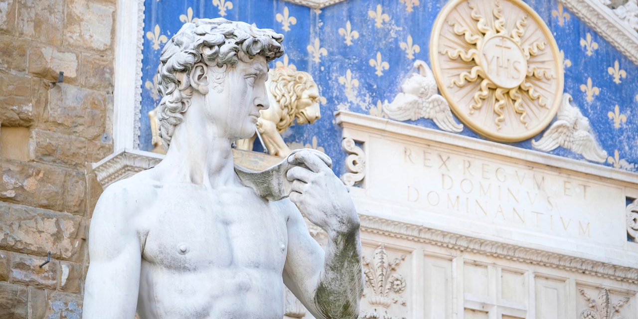 A replica of Michelangelo’s David outside the Palazzo Vecchio in Florence, Italy