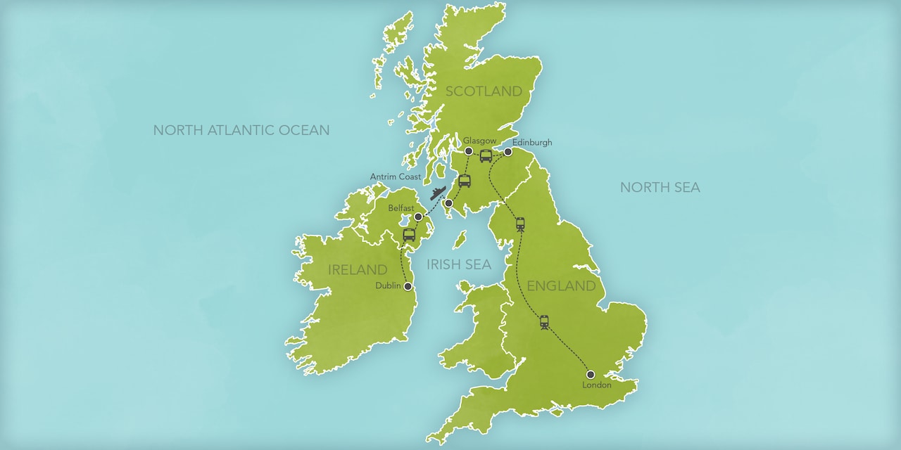 Interactive map of the British Isles, showing a summary of each day's activities.
