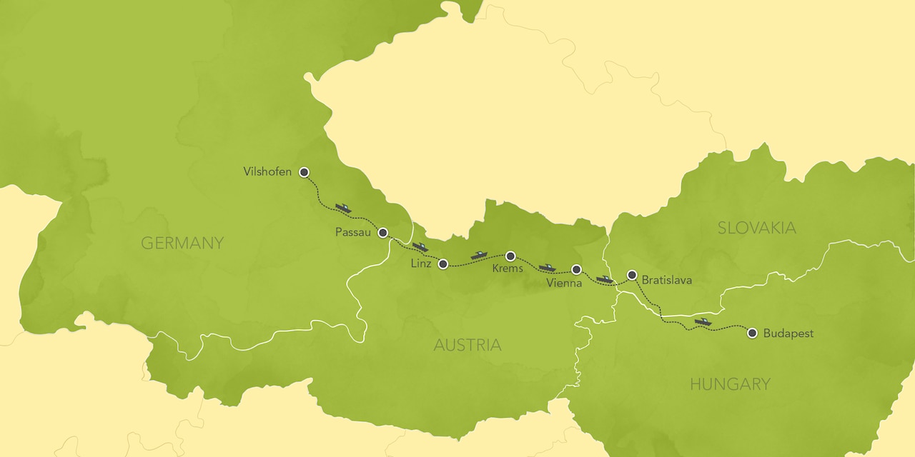 Interactive map of the Danube River Cruise East Itinerary, showing a summary of each day's activities.