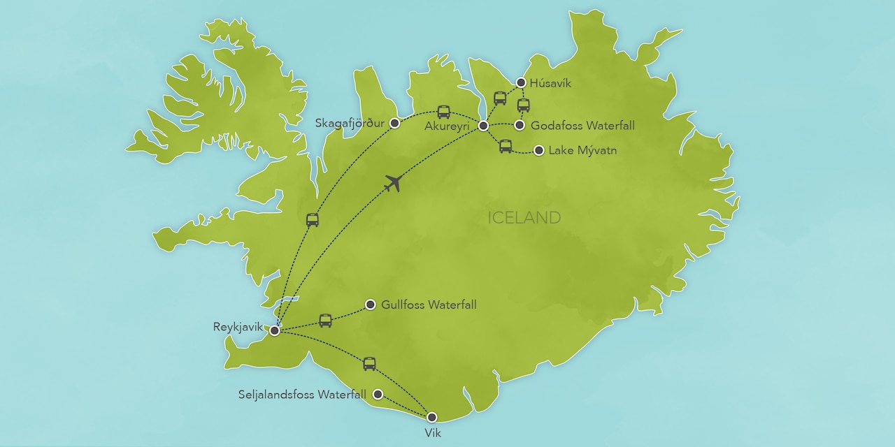 Interactive map of Iceland, showing a summary of each day's activities.