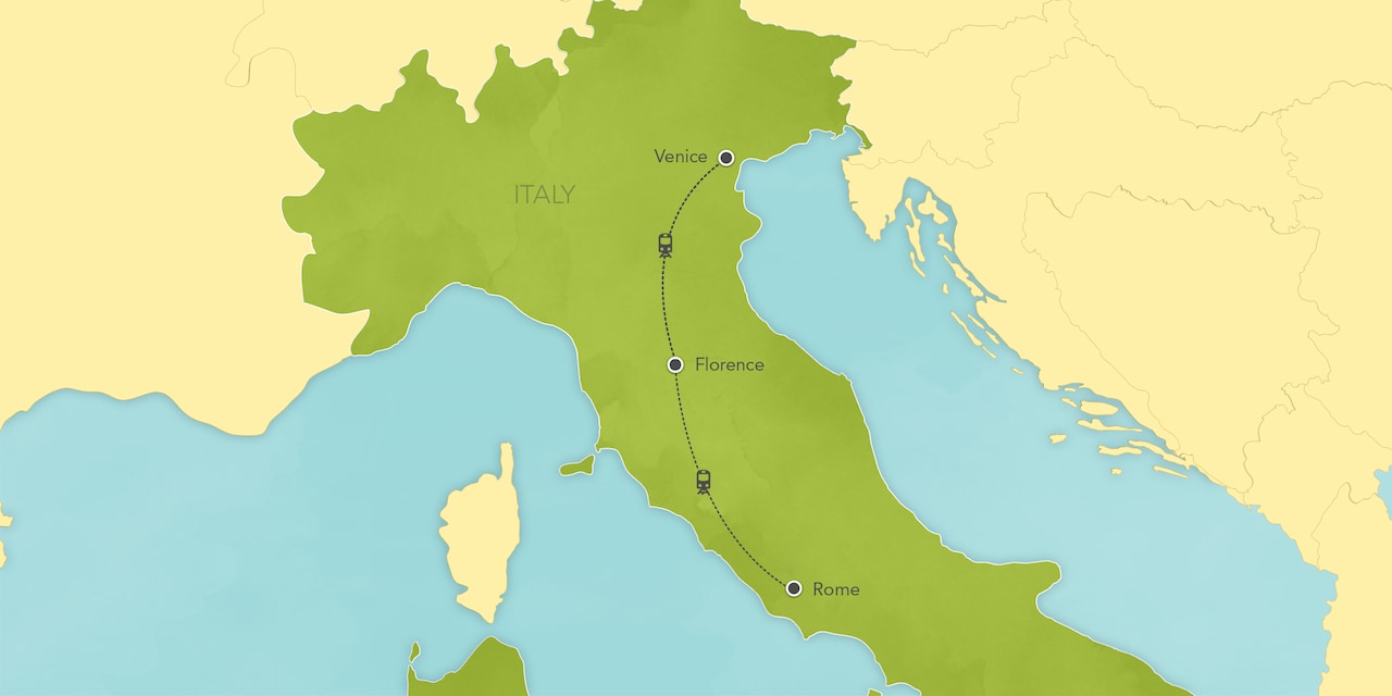 Interactive map of Italy, showing a summary of each day's activities.