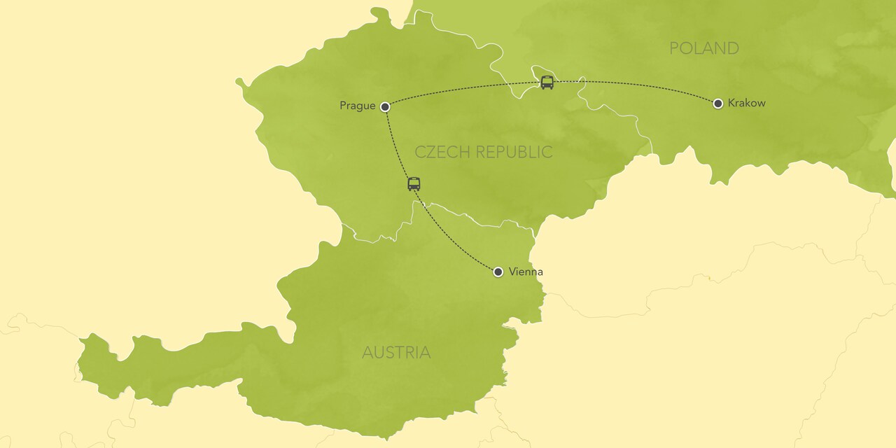 Interactive map of Austria and Czech Republic, showing a summary of each day's activities.