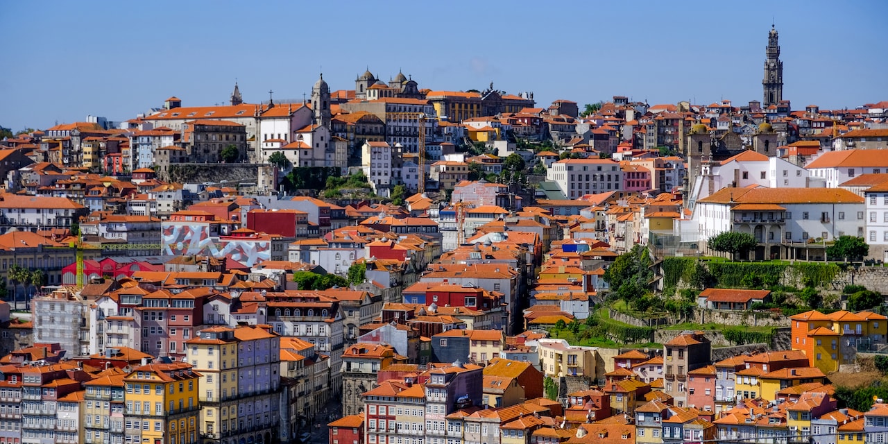 An aerial view of the hillside town of Porto, Portugal