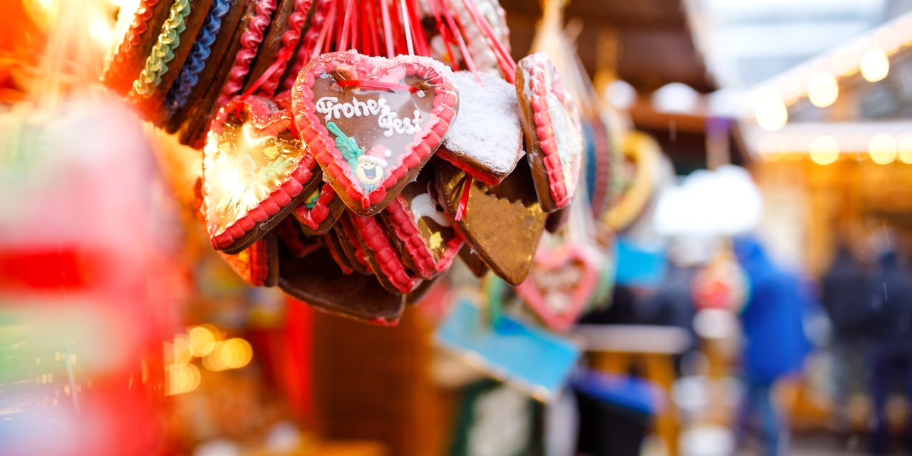 Heart shaped ornaments hanging in a Christmas Market stall in Rudesheim, Germany
