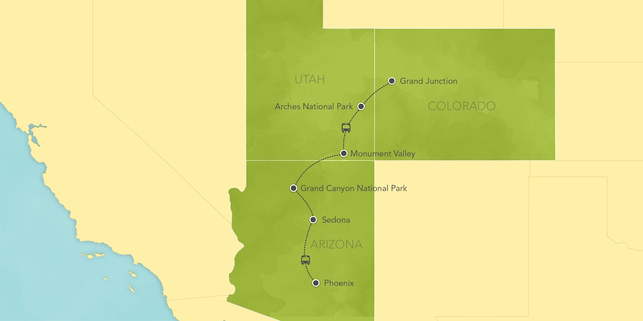 Interactive map of Arizona and Utah, showing a summary of each day's activities.