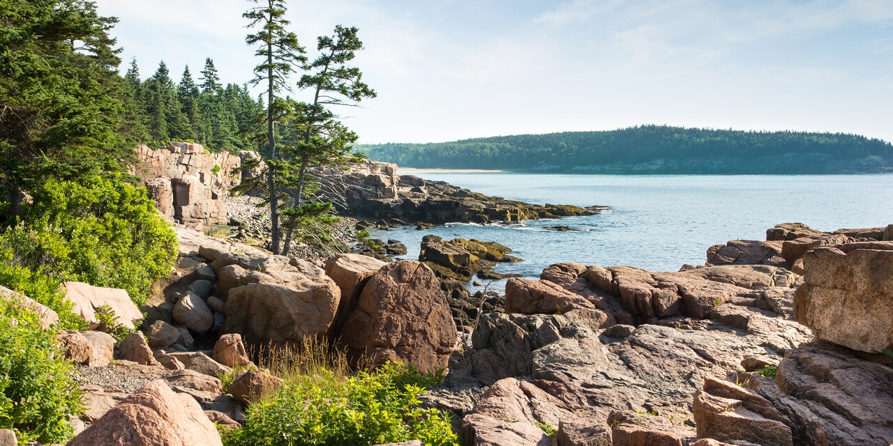 A forest on a cliff overlooks the rocky shoreline across a lake from a verdant island in Maine