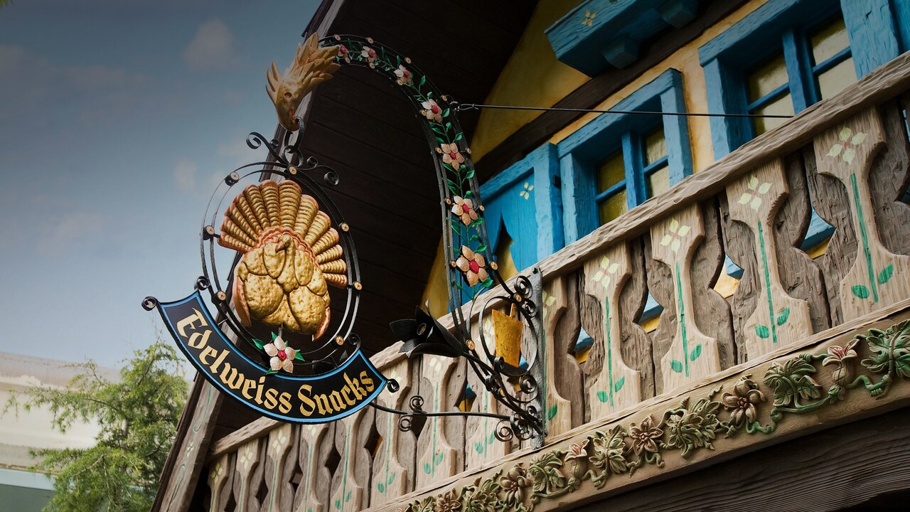 Edelweiss Snacks quick-service restaurant sign at Disneyland Park