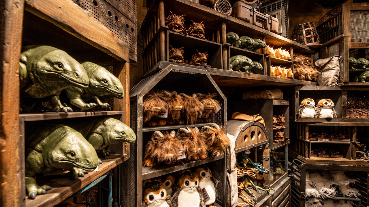 Varias criaturas de Star Wars, incluyendo dewbacks, banthas, wampas y porgs, esperan ser adoptadas en cajas y cajones.