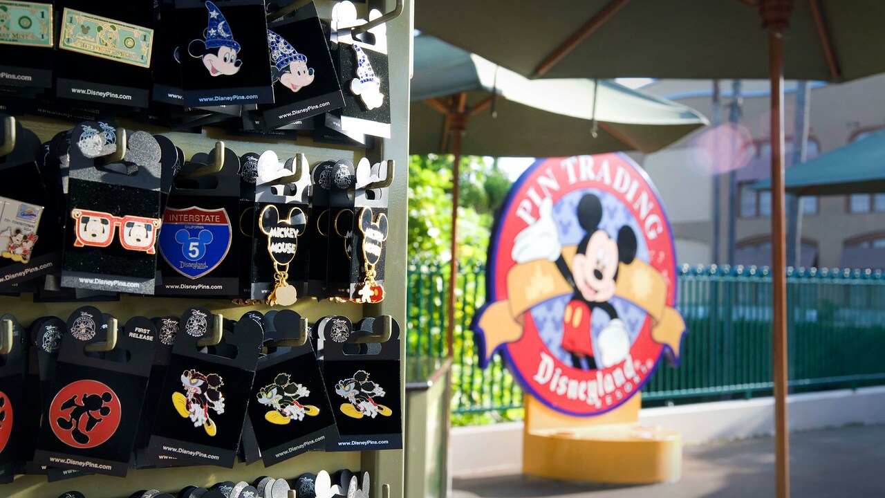 Close up on the display of pins at Disney's Pin Traders