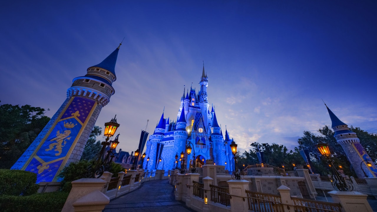 The drawbridge leading to Cinderella Castle at night