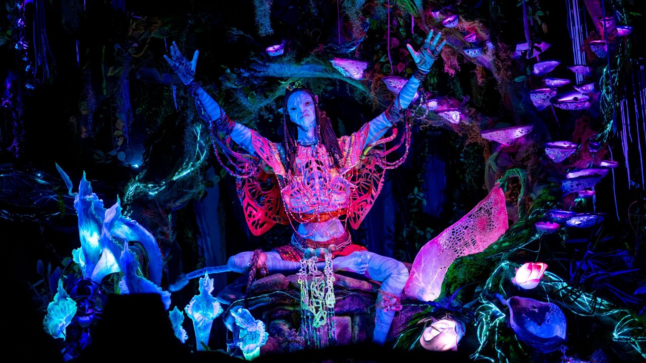 The Shaman of Songs sitting with legs crossed on Na'vi River Journey