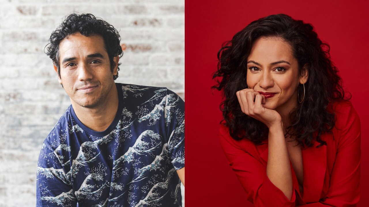 Portraits of Broadway actors Adam Jacobs and Isabelle McCalla