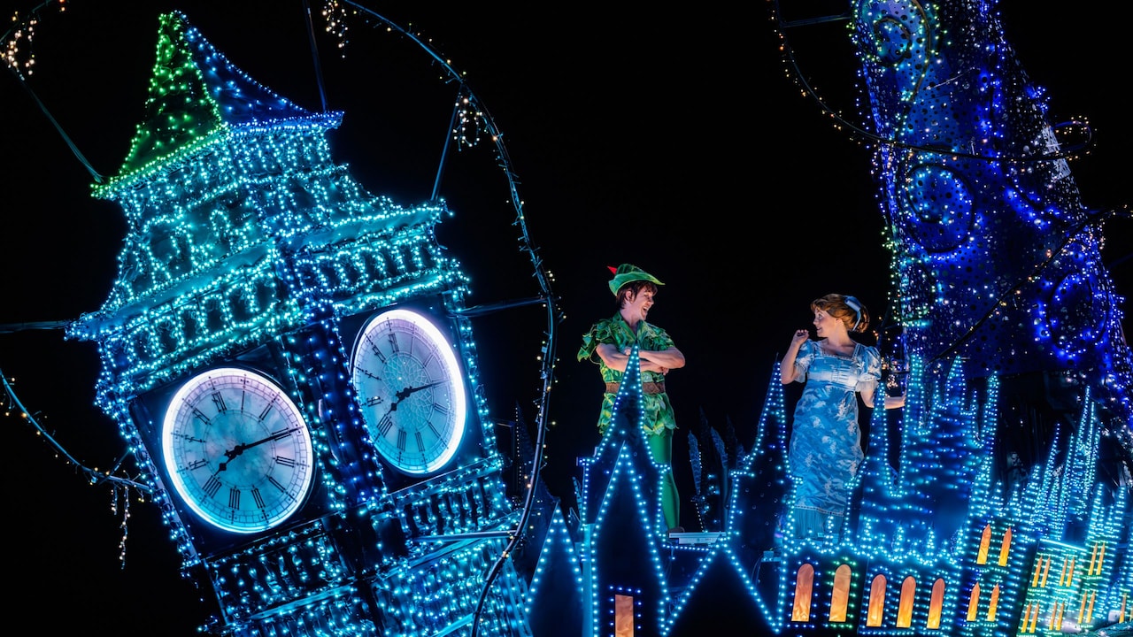 A segment of the Disney Starlight Dream the Night Away nighttime parade featuring characters from Peter Pan