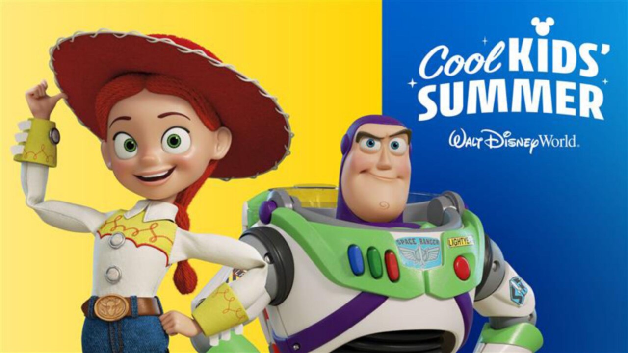 Jessie and Buzz Lightyear standing next to each other near the logo for Cool Kids’ Summer at Walt Disney World Resort