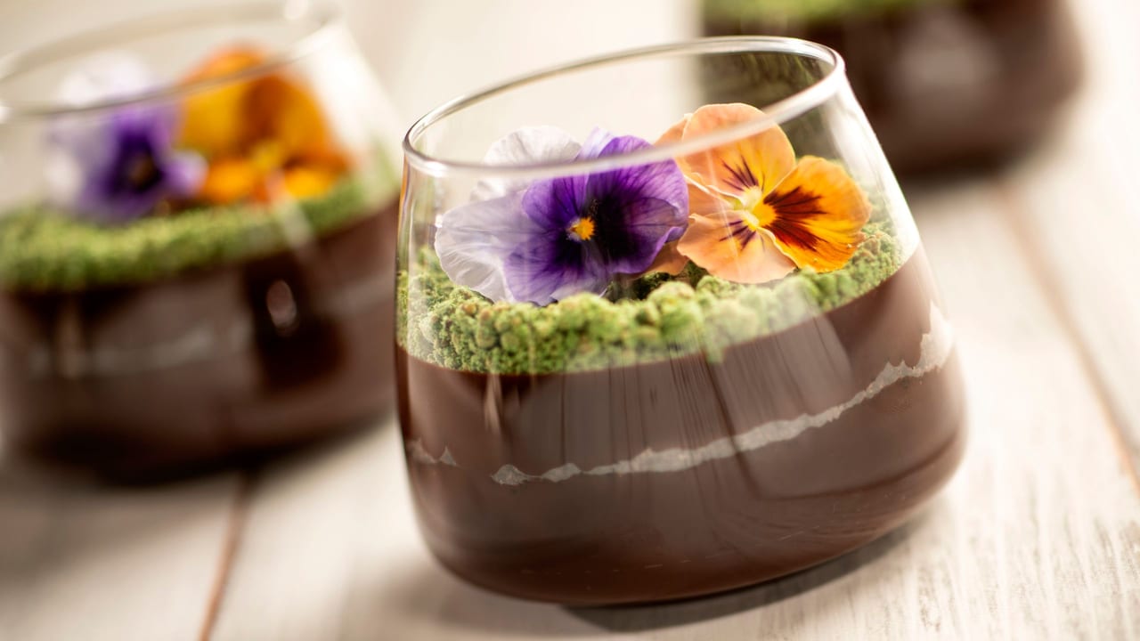Three Chocolate Mousse Terrariums with matcha crumble, chocolate soil and edible flowers