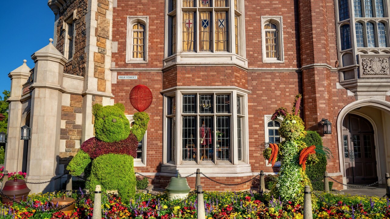 Winnie The Pooh and Rabbit topiaries in the United Kingdom Pavilion at the Epcot International Flower and Garden Festival