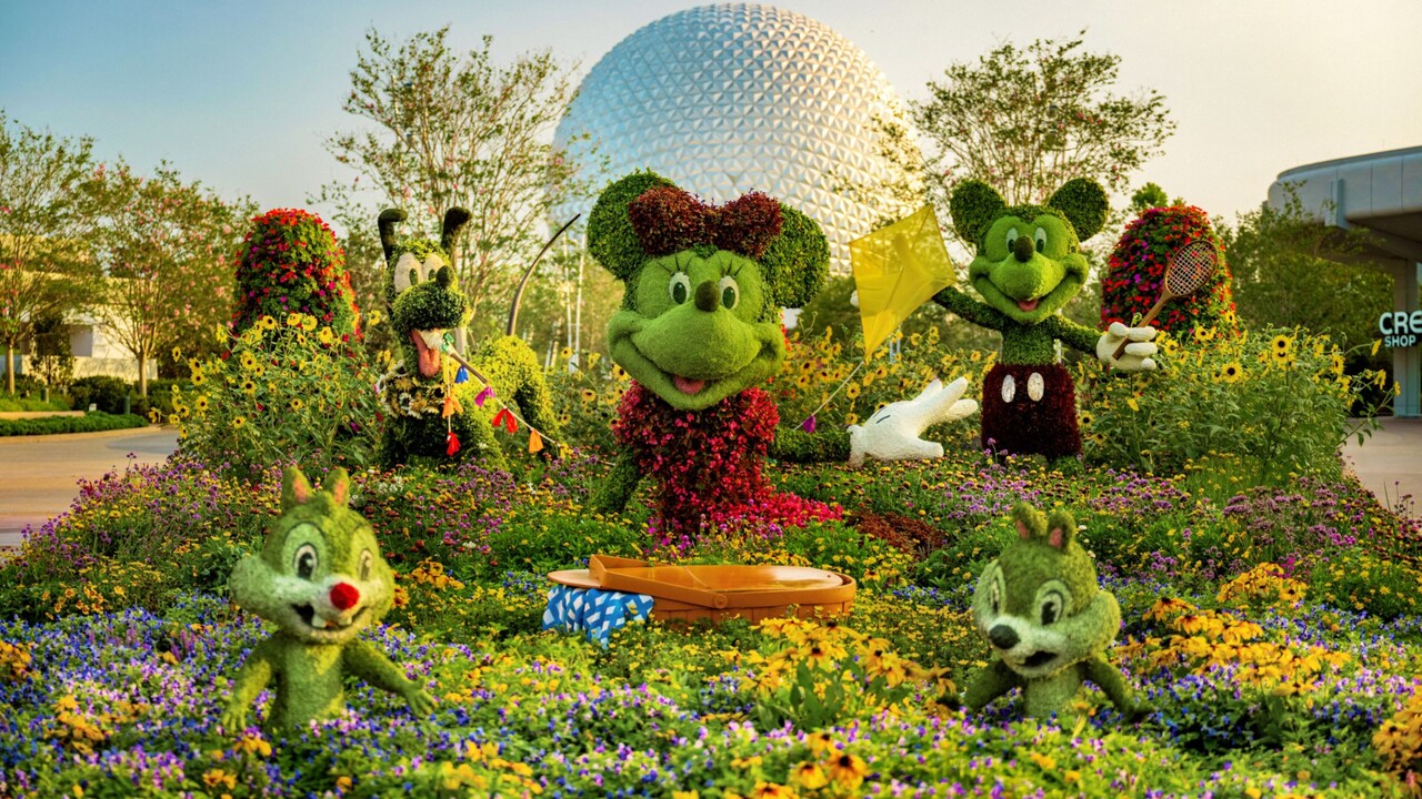 Topiaries of Minnie Mouse, Pluto, Mickey Mouse, Chip and Dale at the Epcot International Flower and Garden Festival