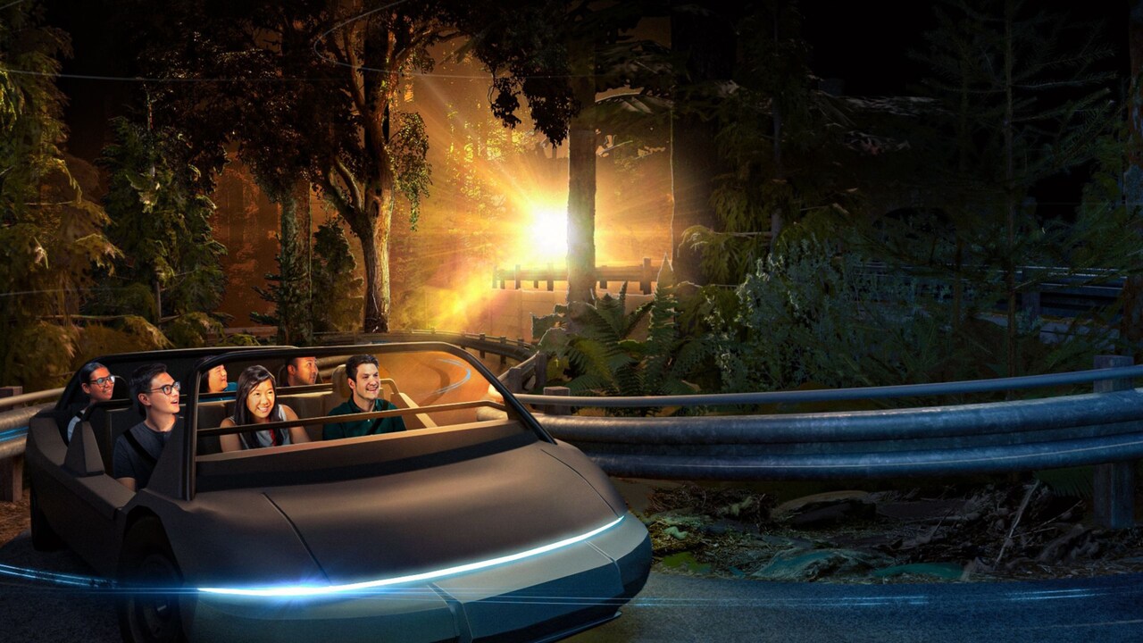 An artist rendering of Guests riding in a vehicle through a forest at the reimagined Test Track at Epcot