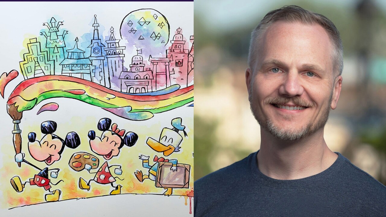 Artist Dave Buckley and his artwork featuring Mickey Mouse, Minnie Mouse, Donald Duck and Epcot