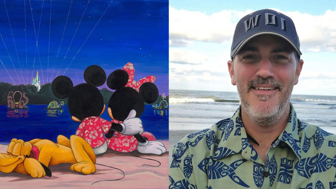 Artist Doug Bolly and his artwork of Mickey Mouse, Minnie Mouse and Pluto