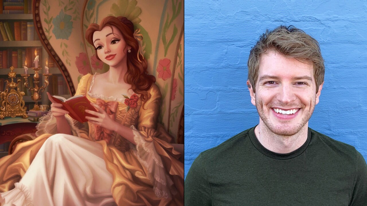 Artist Dylan Bonner and his artwork of Belle from Beauty and the Beast