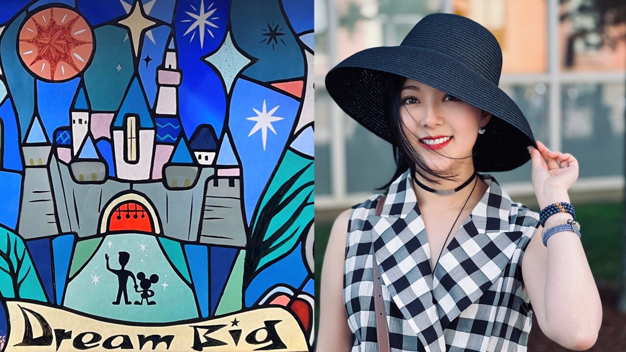 Artist Fenway Fan and her artwork of Walt Disney and Mickey Mouse in front of Cinderella Castle